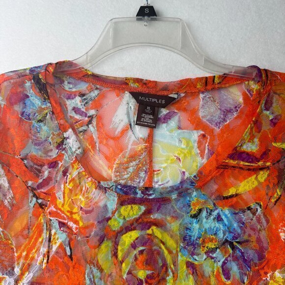 Multiples top blouse women XL sheer orange multicolor lace 3/4 sleeve colorful - Picture 5 of 5